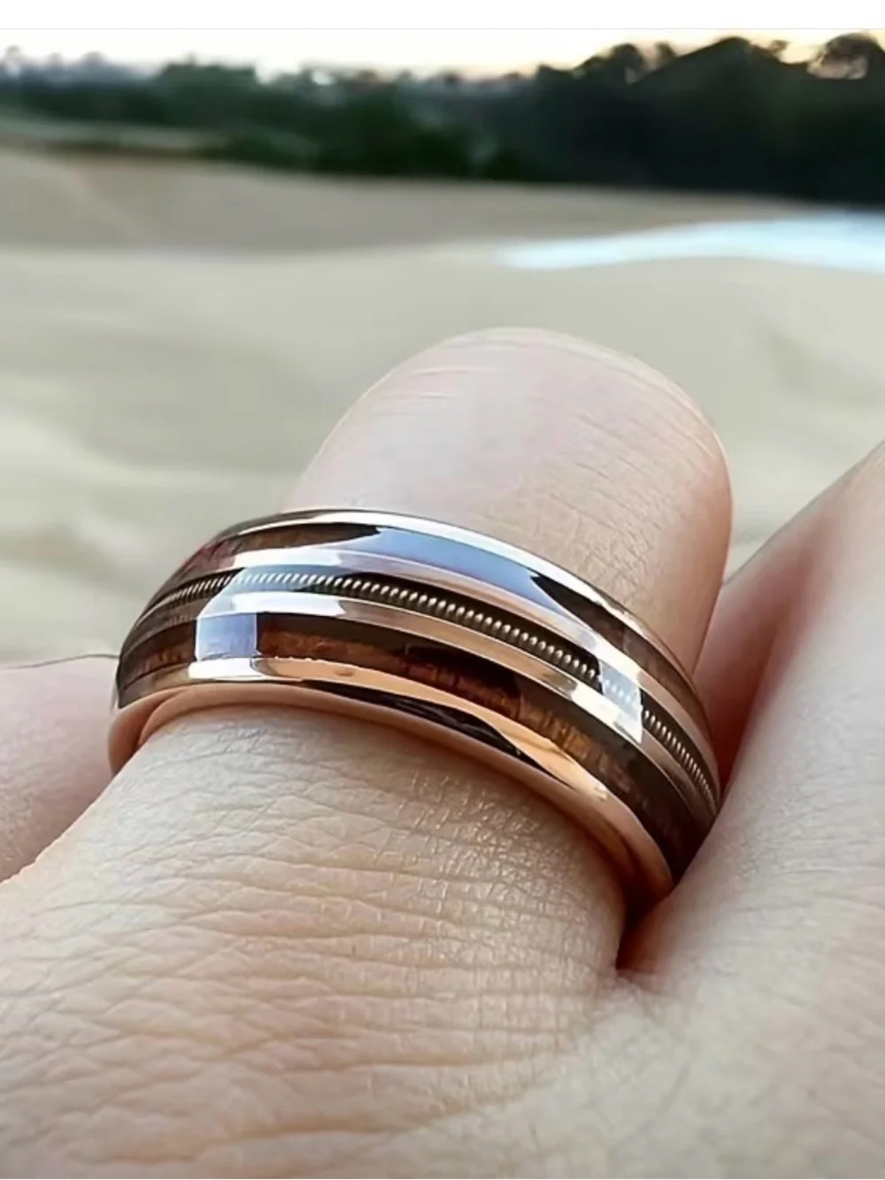 Men's Stainless Steel Wedding Band Ring with Wood and Guitar Strings Inlay 8mm
